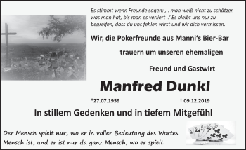 Traueranzeige von Manfred Dunkl von Hersbrucker Zeitung