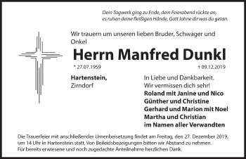 Traueranzeige von Manfred Dunkl von Hersbrucker Zeitung