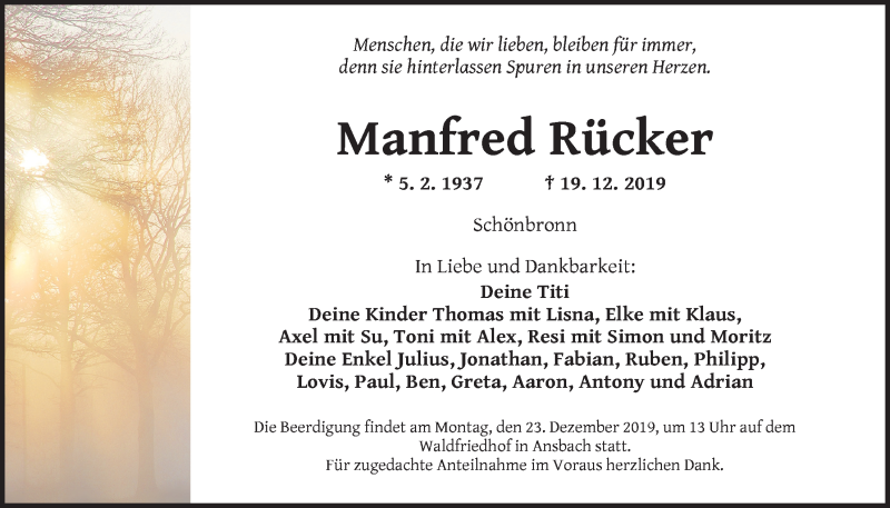  Traueranzeige für Manfred Rücker vom 21.12.2019 aus Der Bote