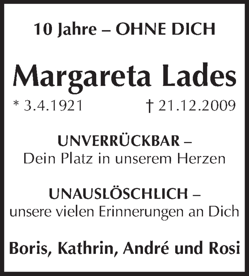  Traueranzeige für Margareta Lades vom 21.12.2019 aus Pegnitz-Zeitung