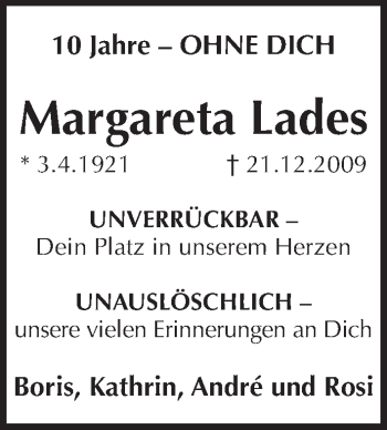 Traueranzeige von Margareta Lades von Pegnitz-Zeitung