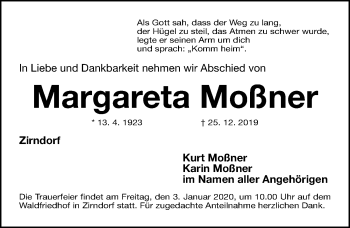 Traueranzeige von Margareta Moßner von Hersbrucker Zeitung
