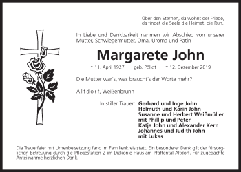 Traueranzeige von Margarete John von Der Bote