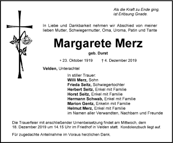 Traueranzeige von Margarete Merz von Hersbrucker Zeitung