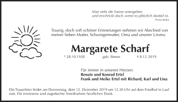 Traueranzeige von Margarete Scharf von Pegnitz-Zeitung