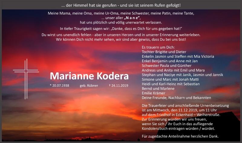  Traueranzeige für Marianne Kodera vom 07.12.2019 aus Pegnitz-Zeitung