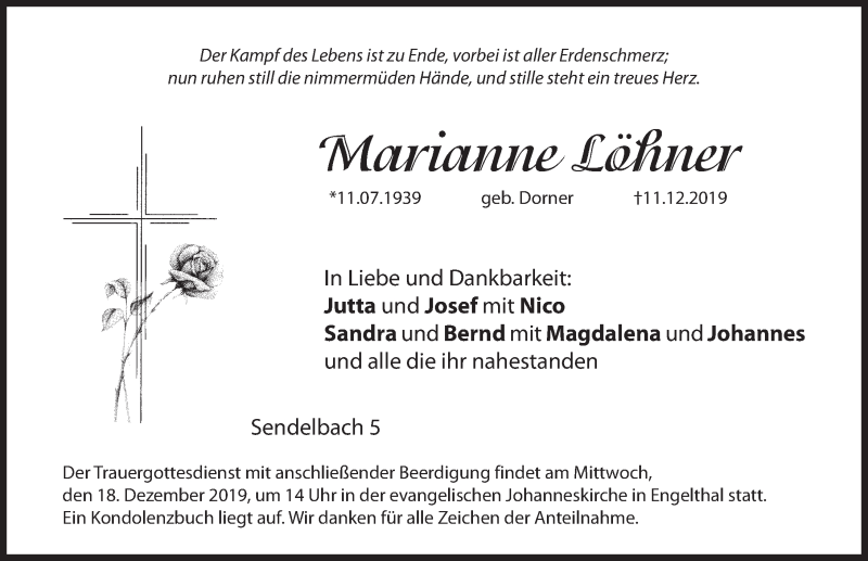  Traueranzeige für Marianne Löhner vom 14.12.2019 aus Hersbrucker Zeitung