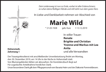 Traueranzeige von Marie Wild von Hersbrucker Zeitung