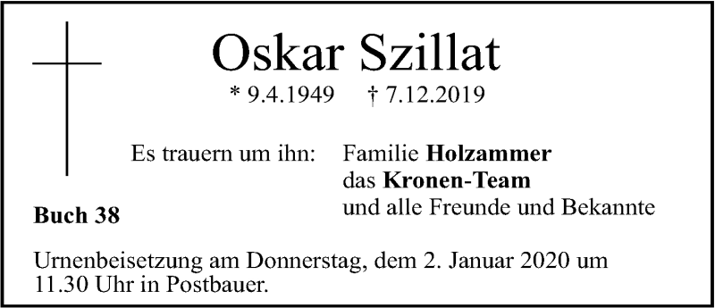  Traueranzeige für Oskar Szillat vom 31.12.2019 aus Der Bote