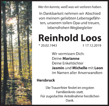Traueranzeige von Reinhold Loos von Hersbrucker Zeitung