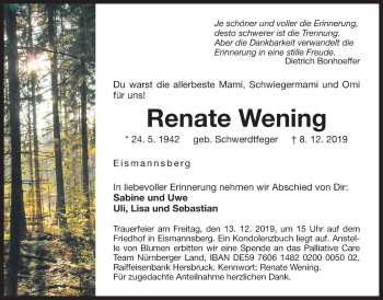Traueranzeige von Renate Wening von Der Bote