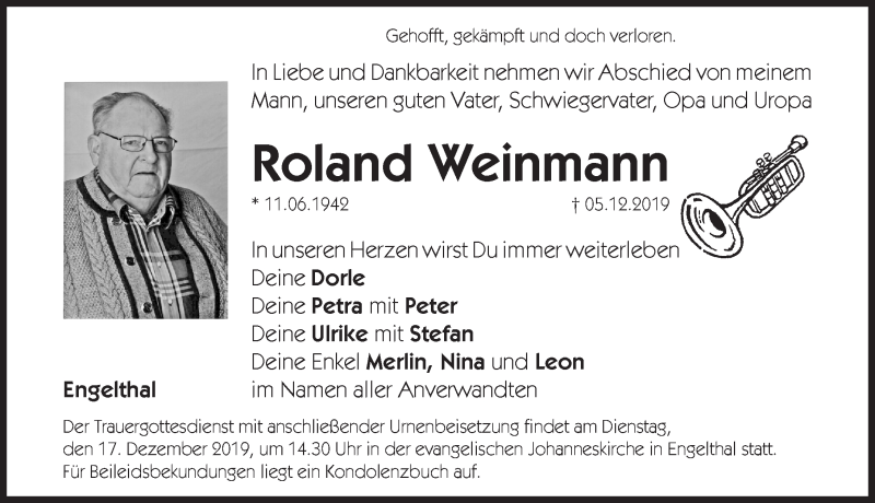  Traueranzeige für Roland Weinmann vom 07.12.2019 aus Hersbrucker Zeitung