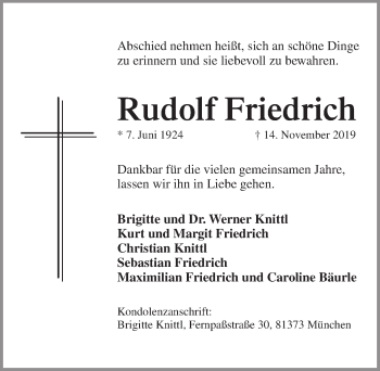 Traueranzeige von Rudolf Friedrich von Pegnitz-Zeitung