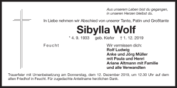 Traueranzeige von Sibylla Wolf von Der Bote