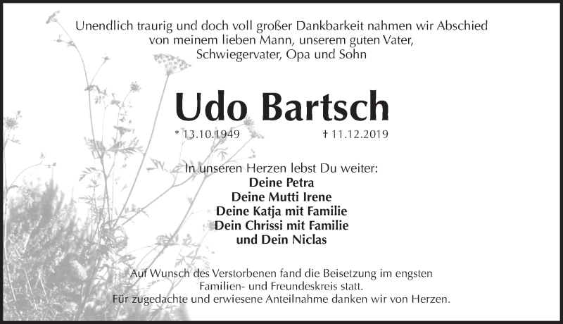 Traueranzeige für Udo Bartsch vom 28.12.2019 aus Pegnitz-Zeitung
