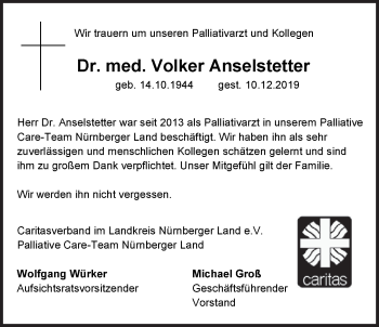 Traueranzeige von Volker Anselstetter von Der Bote