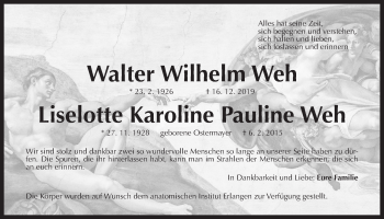 Traueranzeige von Walter Wilhelm und Liselotte Karoline Pauline Weh von Der Bote