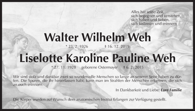  Traueranzeige für Walter Wilhelm und Liselotte Karoline Pauline Weh vom 21.12.2019 aus Der Bote