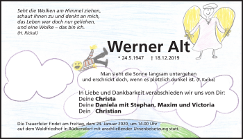 Traueranzeige von Werner Alt von Pegnitz-Zeitung