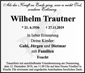 Traueranzeige von Wilhelm Trautner von Der Bote
