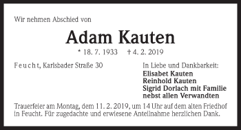 Traueranzeige von Adam Kauten von Der Bote