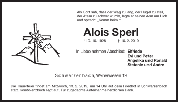 Traueranzeige von Alois Sperl von Der Bote