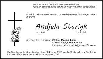 Traueranzeige von Andjela Starigk von Pegnitz-Zeitung