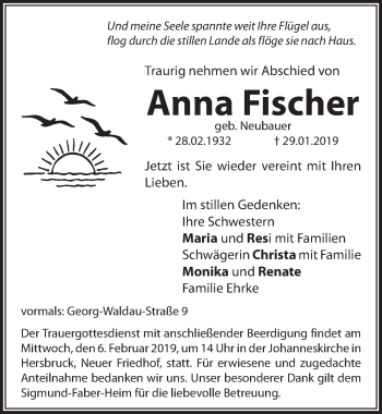 Traueranzeige von Anna Fischer von Hersbrucker Zeitung