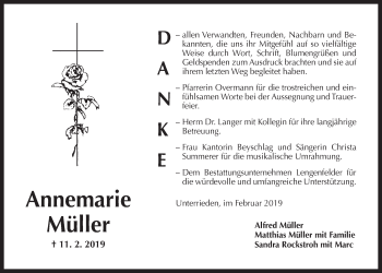 Traueranzeige von Annemarie Müller von Der Bote