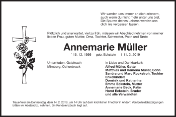 Traueranzeige von Annemarie Müller von Der Bote