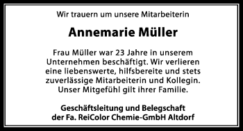 Traueranzeige von Annemarie Müller von Der Bote