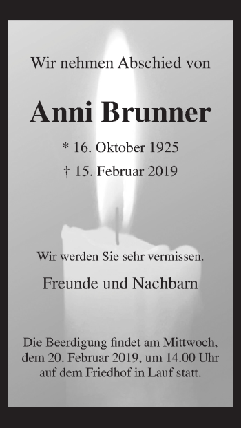 Traueranzeige von Anni Brunner von Pegnitz-Zeitung
