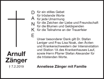 Traueranzeige von Arnulf Zänger von Pegnitz-Zeitung