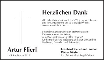 Traueranzeige von Artur Flierl von Pegnitz-Zeitung