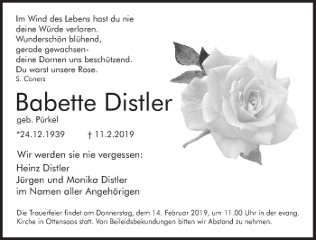 Traueranzeige von Babette Distler von Pegnitz-Zeitung