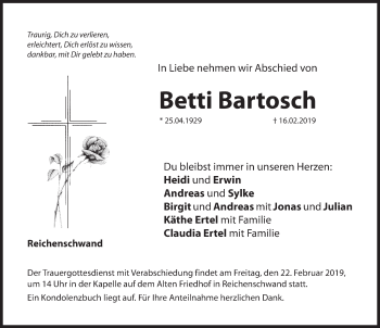 Traueranzeige von Betti Bartosch von Hersbrucker Zeitung