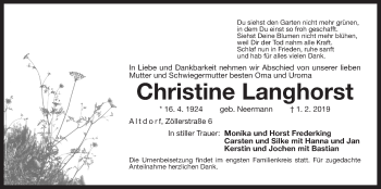 Traueranzeige von Christine Langhorst von Der Bote