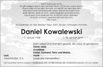 Traueranzeige von Daniel Kowalewski von Pegnitz-Zeitung