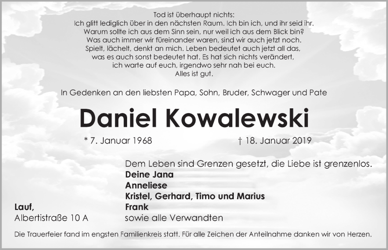  Traueranzeige für Daniel Kowalewski vom 02.02.2019 aus Pegnitz-Zeitung
