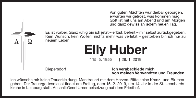  Traueranzeige für Elly Huber vom 13.02.2019 aus Pegnitz-Zeitung