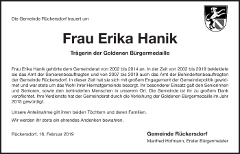 Traueranzeige von Erika Hanik von Pegnitz-Zeitung