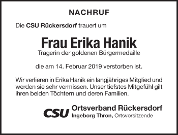 Traueranzeige von Erika Hanik von Pegnitz-Zeitung