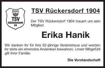 Traueranzeige von Erika Hanik von Pegnitz-Zeitung