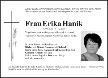 Traueranzeige von Erika Hanik von Pegnitz-Zeitung