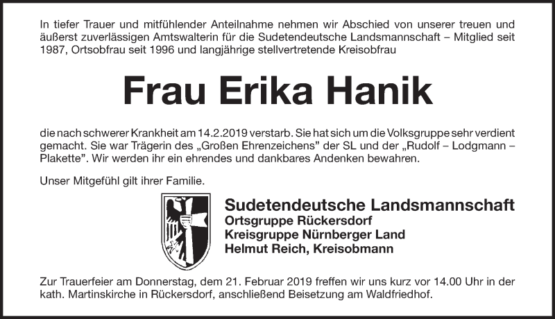  Traueranzeige für Erika Hanik vom 16.02.2019 aus Pegnitz-Zeitung