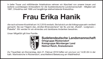 Traueranzeige von Erika Hanik von Pegnitz-Zeitung