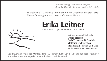 Traueranzeige von Erika Leitner von Pegnitz-Zeitung
