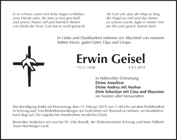 Traueranzeige von Erwin Geisel von Pegnitz-Zeitung
