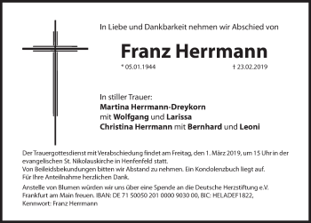 Traueranzeige von Franz Herrmann von Hersbrucker Zeitung