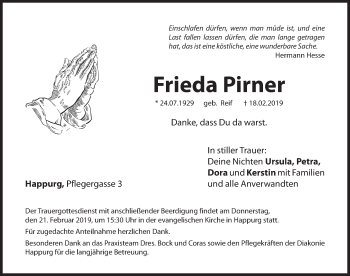 Traueranzeige von Frieda Pirner von Hersbrucker Zeitung